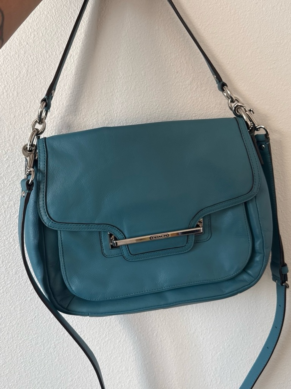 Coach Teal Leather Shoulder Bag with Silver Hardware